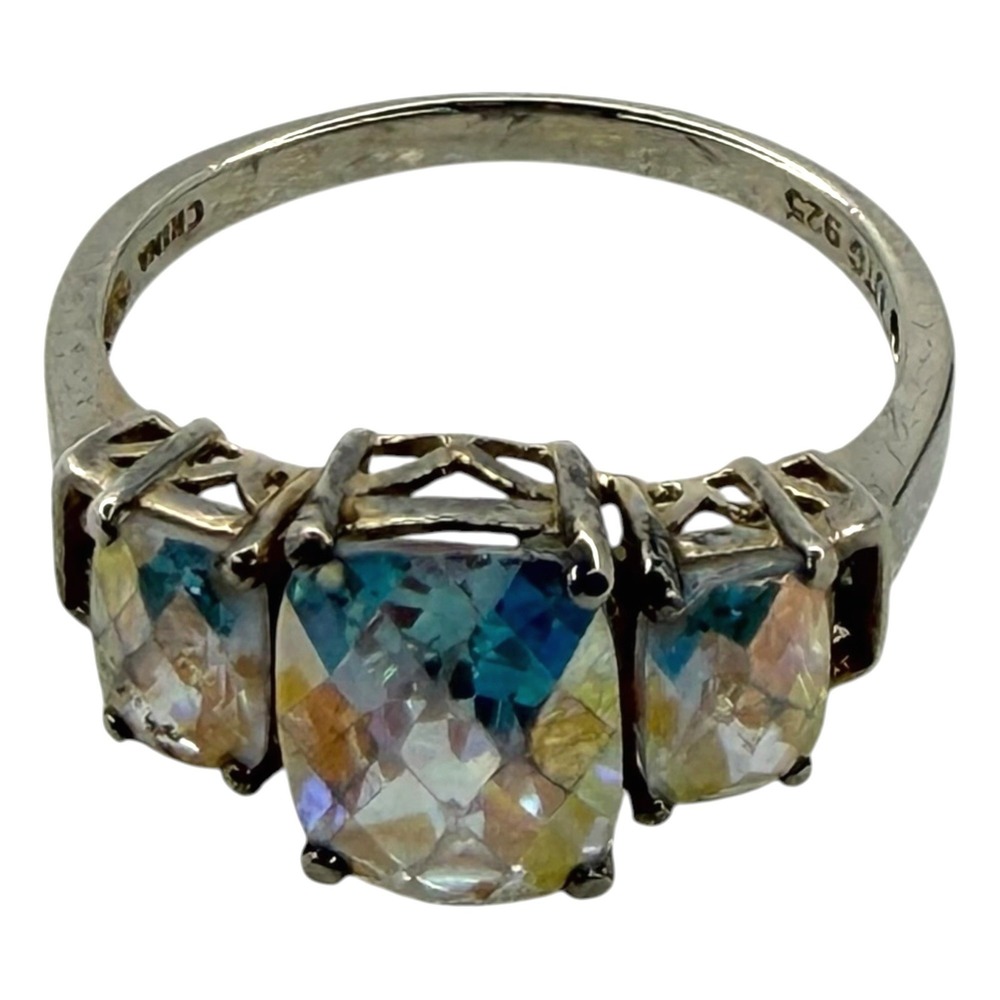 UTC Ring 925 Sterling Silver Size 7 Aurora Borealis Three Stone Cushion Cut